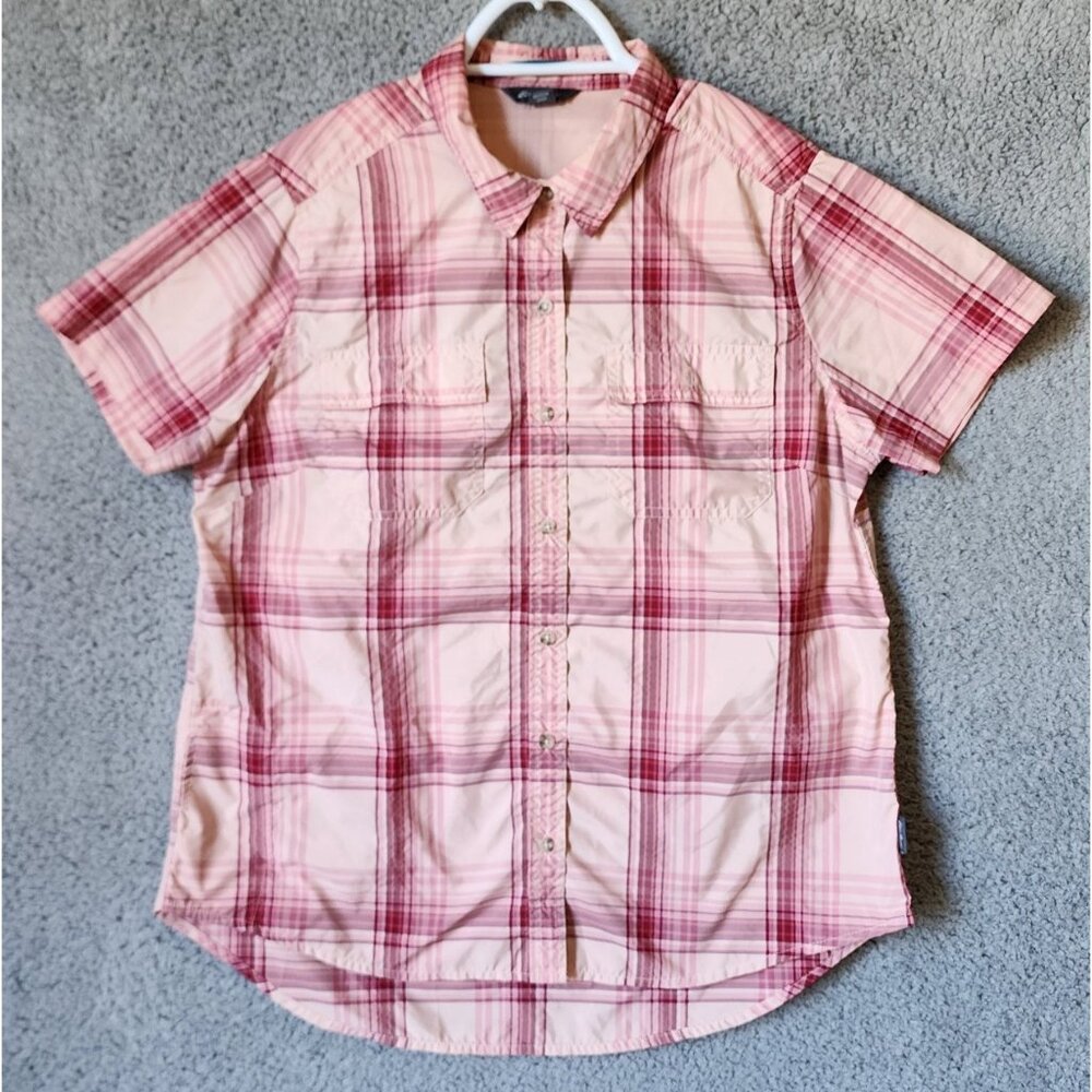 Eddie Bauer Women's Short Sleeve Button Up Adventure Shirt UPF 50 Pink Plaid L